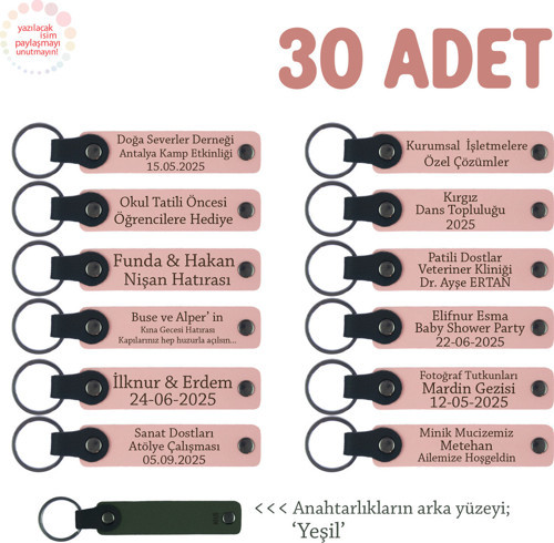 Eğitim Yılı Sonuna Özel Hazırlanan, 30’Lu Set, Kişiselleştirilebilir Deri Hatıra, Pudra & Yeşil
