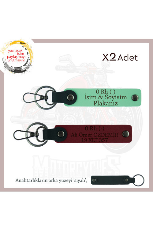 Motorcu Dostlara Özel, İsim Plaka Ve 0 Rh (-) Kan Grubu Yazılı X2 Anahtarlık Set, Yeşil-Bordo-Syh