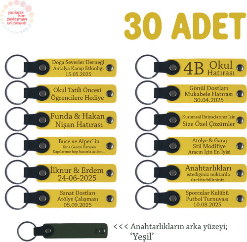 Sarı & Yeşil, Güzellik Salonu Açılışı İçin, 30’Lu Set, Promosyonel Yazılı Deri Anahtarlık