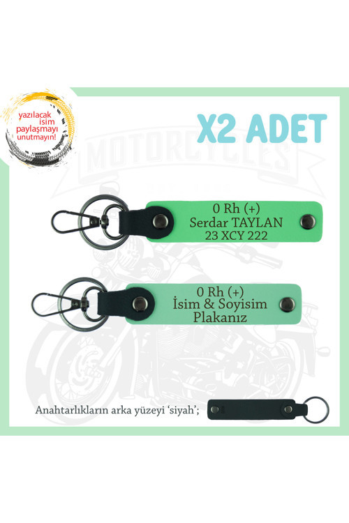 Motosiklet Aşıklarına Özel, İsim Plaka Ve 0 Rh (+) Kan Grubu Yazılı X2 Anahtarlık, Yeşil-F Yeşil-Syh