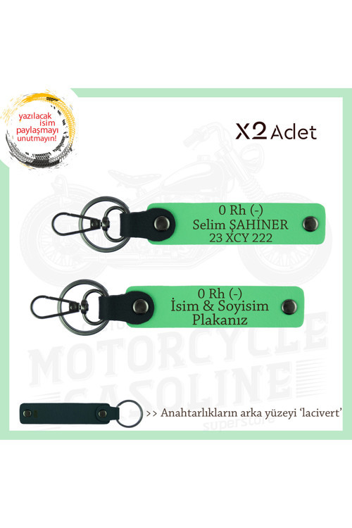 Motosiklet Tutkunlarına, İsim Plaka Ve 0 (-) Kan Grubu Yazılı Acil Durum X2 Anahtarlık, F Yeşil-Laci