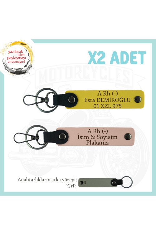Kuryeye İsim Plaka Ve A Rh (-) Kan Grubu, Kişiselleştirilebilir X2 Anahtarlık Set, Yavruağzı-Sarı-Gr