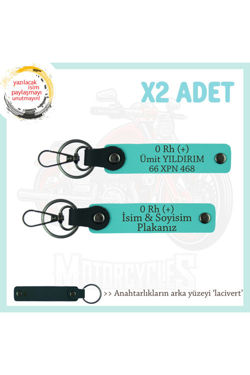 Motor Plakan Ve İsmin Anahtarlığında! İsim Plaka Ve 0 Rh (+) Kan Grubu X2 Anahtarlık, Turkuaz-Laci
