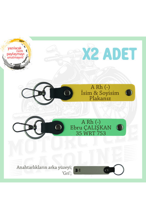 Bikerlar İçin Özel, İsim Plaka Ve A Rh (-) Kan Grubu Yazılı Hediyelik X2 Anahtarlık, Sarı-F Yeşil-Gr