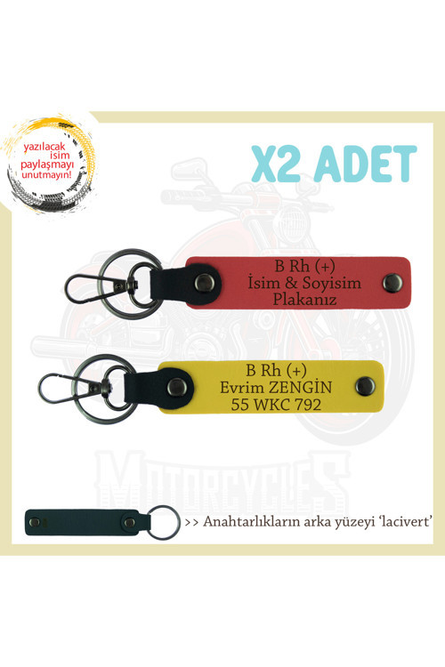 Tüm Sürücülere, İsim Plaka Ve B Rh (+) Kan Grubu Yazılı X2' Li Set Anahtarlık, Nar Çiçeği-Sarı-Laci