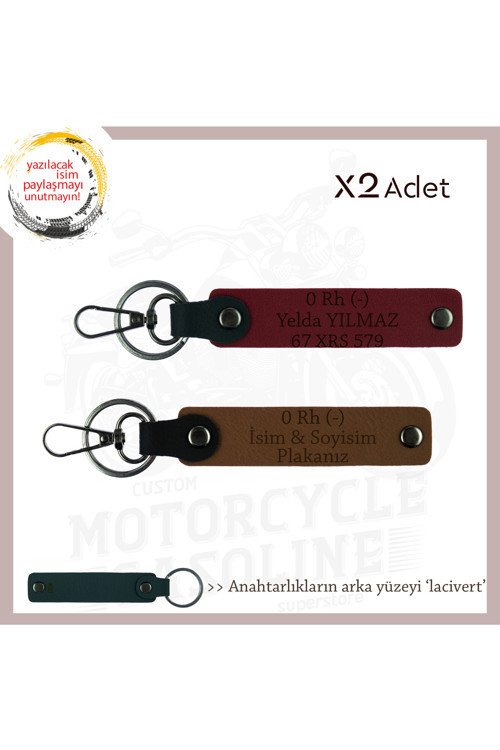 Motosiklet Tutkunlarına İsim Plaka Ve 0 Rh (-) Kan Grubu Yazılı Deri X2 Anahtarlık, Kahve-Bordo-Laci