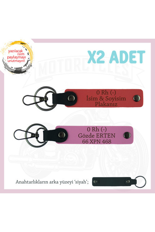 Yolların Sürücülerine, İsim Plaka Ve 0 Rh (-) Kan Grubu Yazılı X2 Anahtarlık, Nar Çiçeği-Pembe-Syh