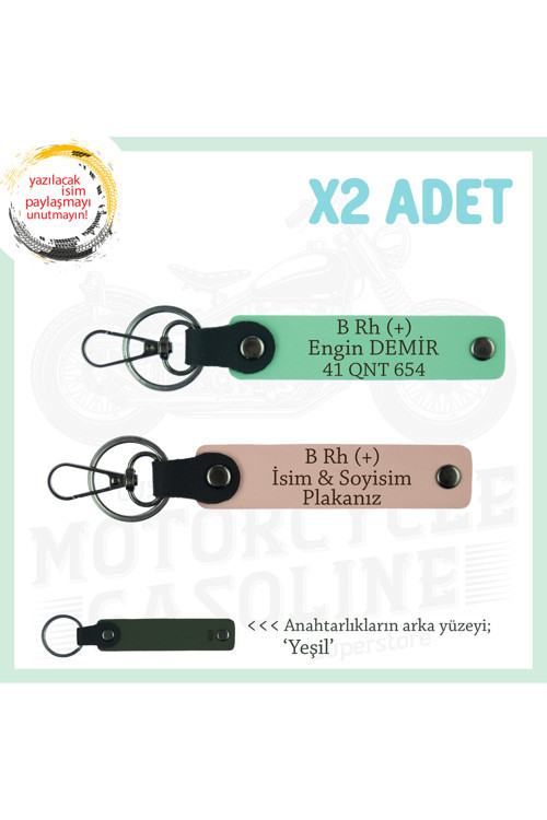 Motor Severlere Özel Tasarım, İsim Plaka Ve B+ Kan Grubu Yazılı X2 Anahtarlık, Yavruağzı-Yeşil-Ysl