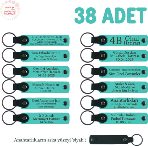 Özel Kulüpler Ve Spor Müsabakaları İçin İsim Yazılı Anahtarlık 38’Li Set, Turkuaz & Siyah