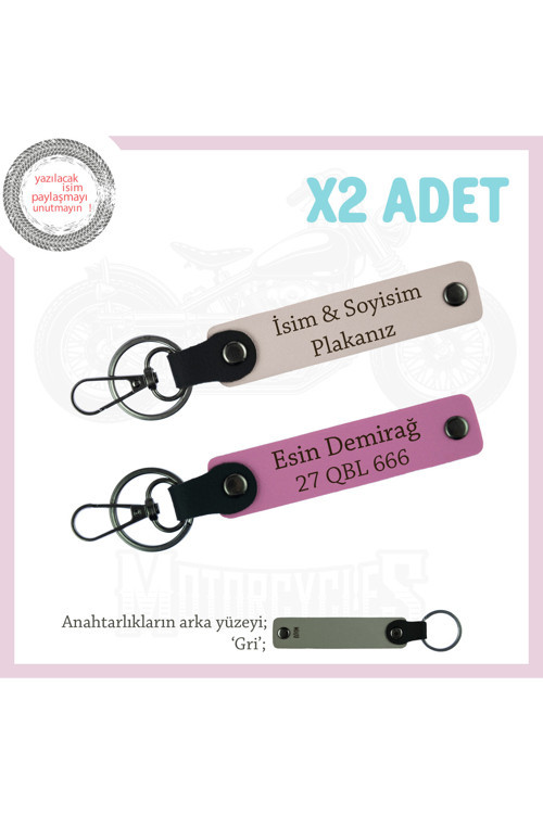 Deri Detaylarla Şıklığı Tamamlayan Anahtarlıklar – 2Li Kişisel Tasarım İsim & Plaka, Pudra-Pembe-Gr