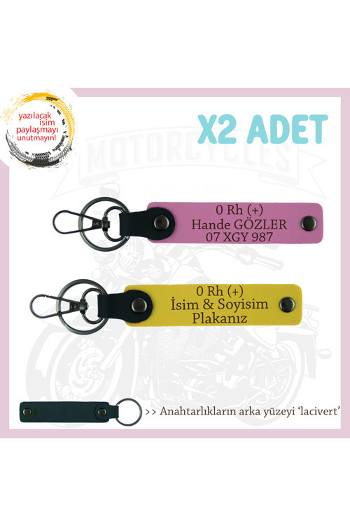Motosiklet Severlere İsim Plaka Ve 0 Rh (+) Kan Grubu, Acil Durum X2' Li Anahtarlık, Sarı-Pembe-Laci