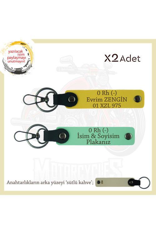 Motosiklet Severlere Özel, İsim Plaka Ve 0 Rh (-) Kan Grubu Yazılı X2 Anahtarlıkları, Yeşil-Sarı-Sk