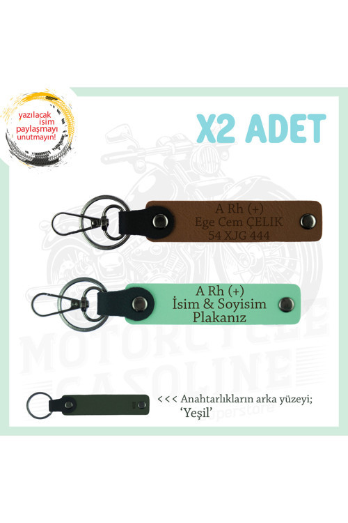 Motosiklet Severlere, İsim Plaka Ve A Rh + Kan Grubu Yazılı, Motorcu X2 Anahtarlık, Kahve-Yeşil-Ysl