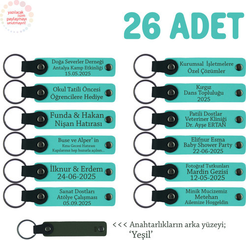 Kurumsal Workshop Etkinliğine 26'Lı Set Kişiye Özel Yazılı Deri Hatıra Anahtarlık, Turkuaz & Yeşil