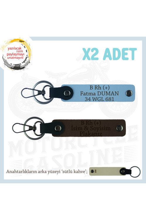 Motorcu Dostlara, İsim Plaka, B Rh (+) Kan Grubu Yazılı Güvenli Sürüş X2 Anahtarlık, K Kahve-Mavi-Sk