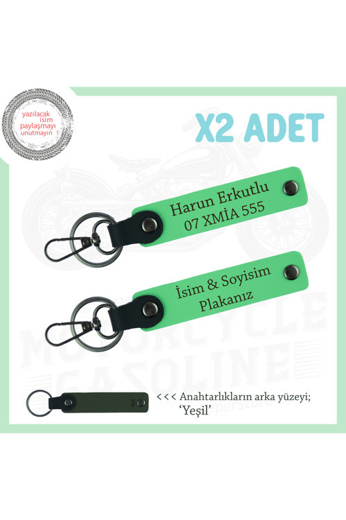 Kurye Tarzına Uyum Sağlayan Deri Anahtarlık Takımı – Plaka & İsimli X2, Fıstık Yeşil-Yeşil