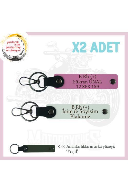 Yol Tutkunları İsim Plaka, B Rh (+) Kan Grubu Yazılı Kişiye Özel X2 Anahtarlık Seti, Beyaz-Pembe-Ysl