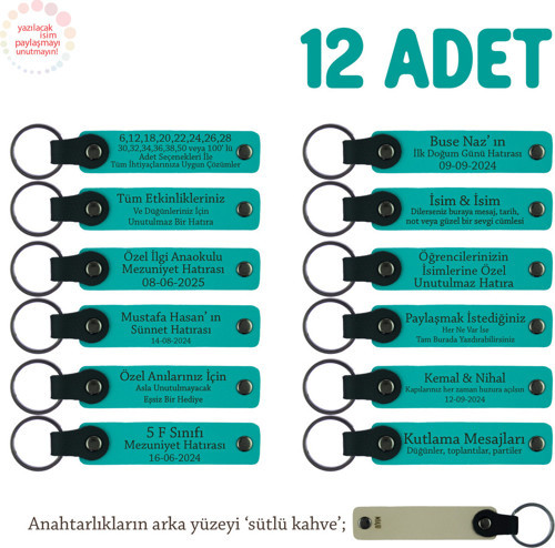 Babalar Günü Hediyesi, Kişiye Özel İsim Yazılı Anahtarlık 12' Li Set, Koyu Turkuaz & Sütlü Kahve