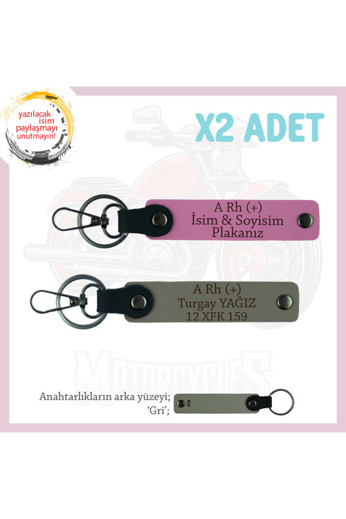 Custom Motorculara Özel, İsim Plaka Ve A Rh (+) Kan Grubu Yazılı X2 Anahtarlık Set, Kül Gri-Pembe-Gr