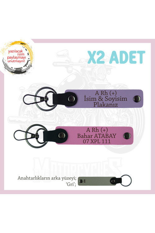 Motor Severlere Özel, İsim Plaka, A Rh (+) Kan Grubu Yazılı Özel Tasarım X2 Anahtarlık, Mor-Pembe-Gr