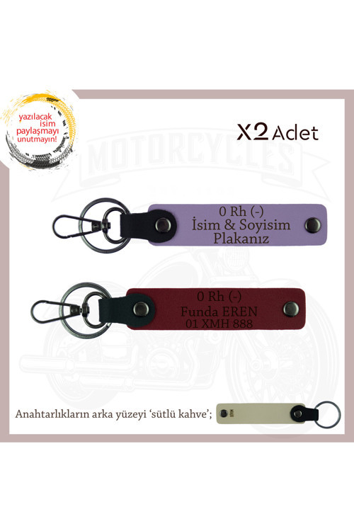 Motorsikletçilere Özel, İsim Plaka Ve 0 Rh (-) Kan Grubu Yazılı X2' Li Anahtarlık Set, Mor-Bordo-Sk