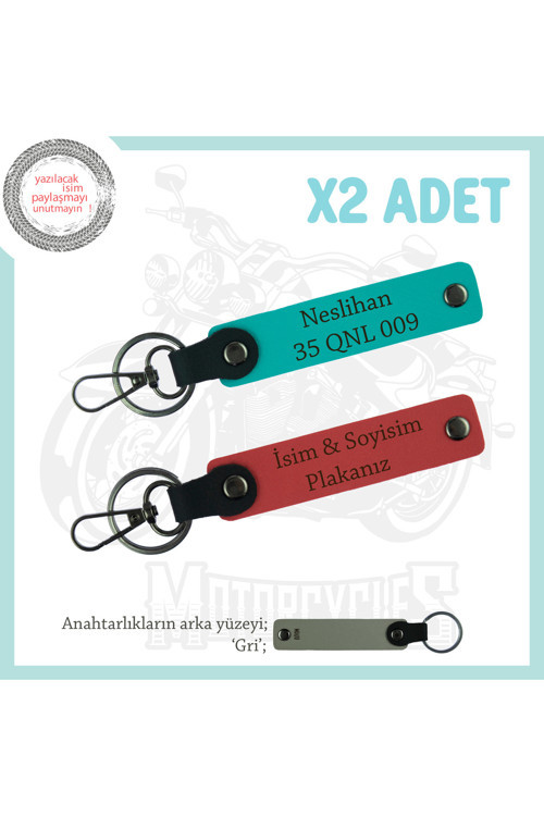 Yüksek Kalite Deri Anahtarlıklar, Kişiye Özel Plaka & İsim Yazılı X2'Li Set, Nar Çiçeği-K Turkuaz-Gr