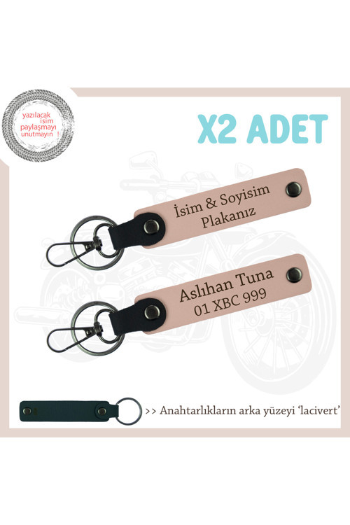 Kurye Ve Motorculara Uygun İsim Ve Plaka Yazılı 2’Li Deri Anahtarlık Hediye, Yavruağzı-Lacivert