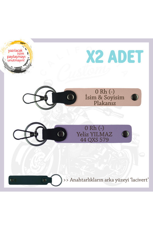 Motor Tutkunlarına Özel, İsim Plaka Ve 0 Rh (-) Kan Grubu Yazılı 2'Li Anahtarlık, Yavruağzı-Mor-Laci