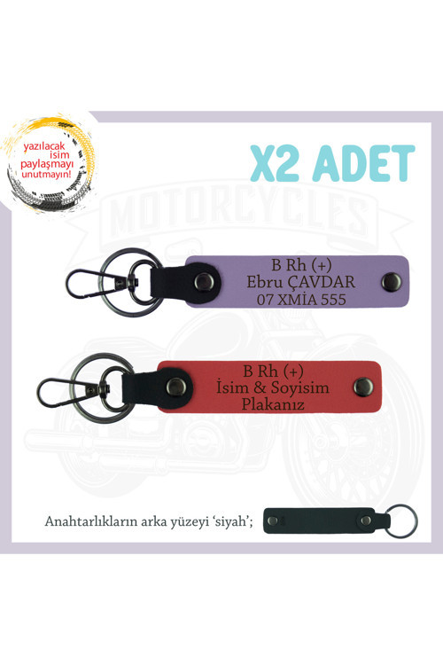 Motosiklete Hediyelik, İsim Plaka Ve B Rh (+) Kan Grubu, X2' Li Deri Anahtarlık, Nar Çiçeği-Mor-Syh
