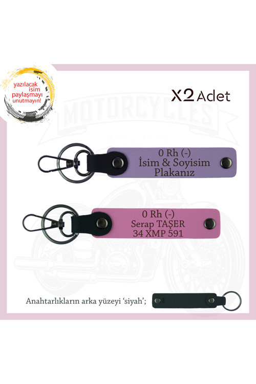 Motor Severlere Özel, İsim Plaka Ve 0 Rh (-) Kan Grubu Özel Tasarım X2' Li Anahtarlık, Mor-Pembe-Syh
