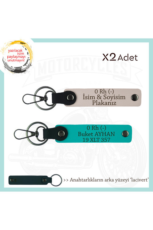 Tek Teker, İsim Plaka Ve 0 Rh (-) Kan Grubu Yazılı Kişiye Özel X2 Anahtarlık, Pudra-K Turkuaz-Laci
