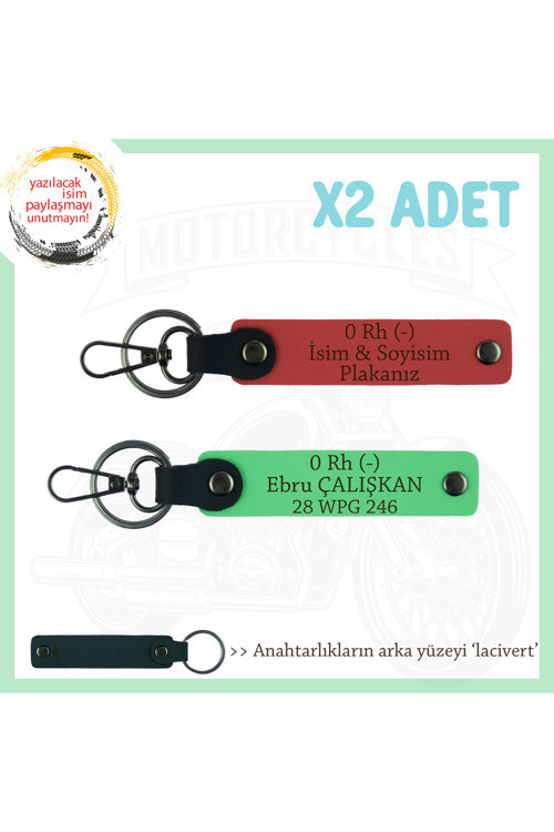 Motosiklet Severlere, İsim Plaka Ve 0 Rh (-) Kan Grubu Yazılı X2 Anahtarlık, Nar Çiçeği-F Yeşil-Laci