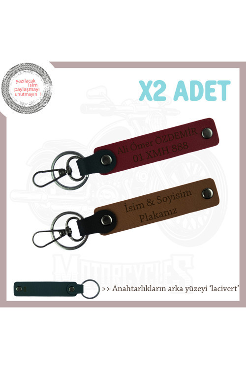 Güvenli Sürücüler İçin, İsim & Soyadı Ve Plaka Yazılı Motorcu Anahtarlığı 2'Li, Kahve-Bordo-Laci