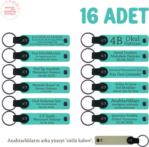 Gitar Eğitimi Mezuniyet Hatırası 16'Lı Set, İsim Yazılı Hediyelik Anahtarlık, Turkuaz & Sütlü Kahve
