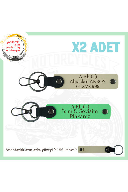 Motorcu Tarzı Plakalı & İsimli Deri X2' Li Anahtarlık, A Rh (+) Kan Grubu İle, S Kahve-F Yeşil-Sk