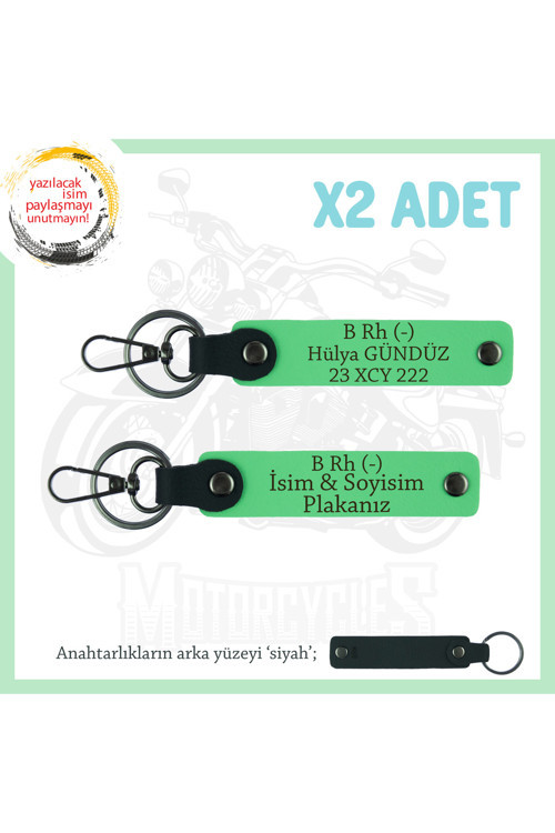Motosiklet Tutkunlarına, İsim Plaka Ve B (-) Kan Grubu Yazılı Acil Durum X2 Anahtarlık, F Yeşil-Syh