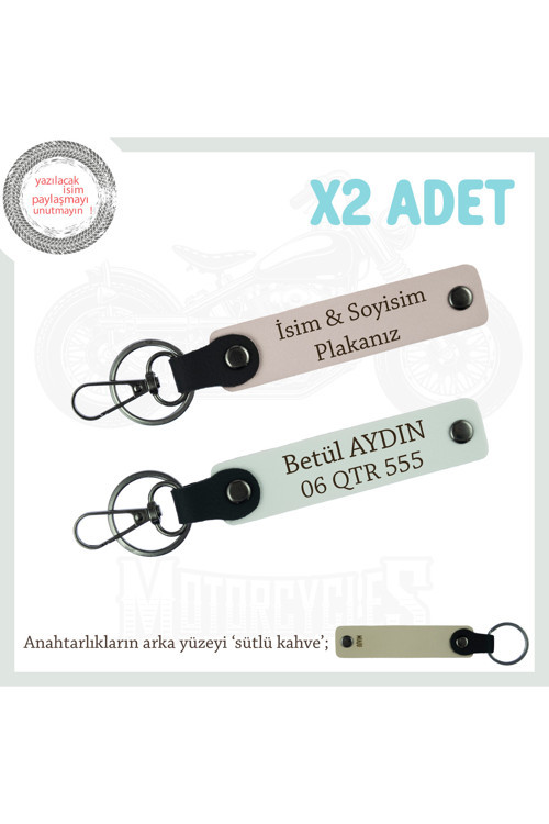 Araç Sahiplerine Özel Hediye, İsim Ve Plaka Yazılı Deri Anahtarlık Set X2'Li, Pudra-Beyaz-Sk