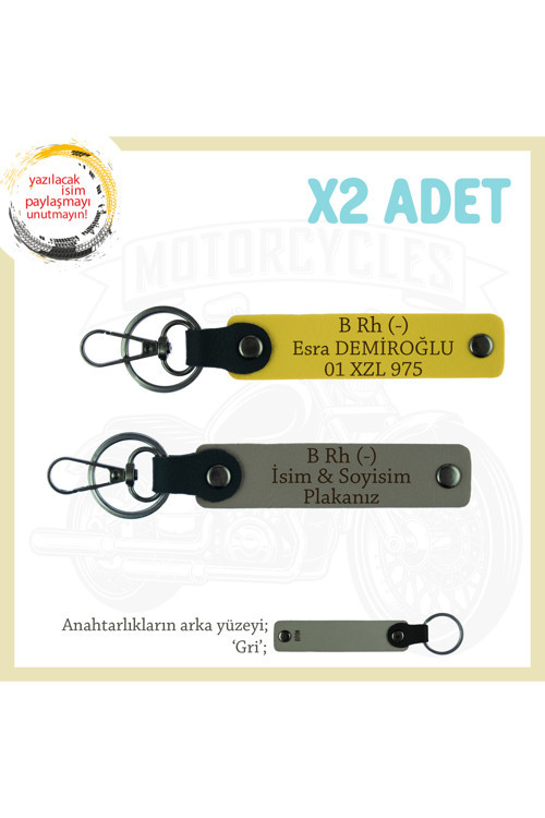 Yolların Sürücülerine, İsim Plaka Ve B Rh (-) Kan Grubu, Kişiye Özel X2 Anahtarlık, Kül Gri-Sarı-Gr
