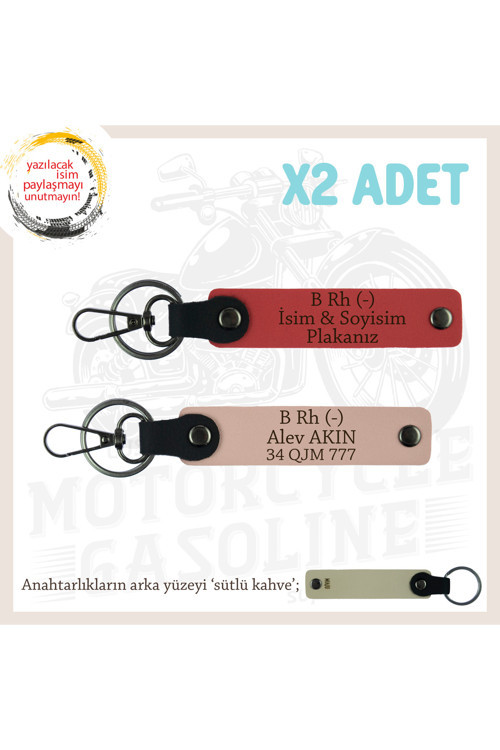 Motosikletçiye, İsim Plaka Ve B Rh (-) Kan Grubu Yazılı X2' Li Anahtarlık, Nar Çiçeği-Yavruağzı-Sk