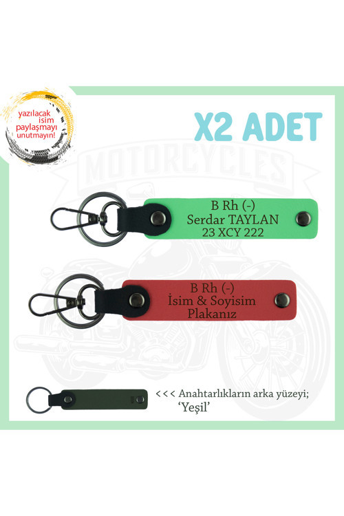 Motosiklet Severlere, İsim Plaka Ve B Rh (-) Kan Grubu Yazılı X2 Anahtarlık, Nar Çiçeği-F Yeşil-Ysl