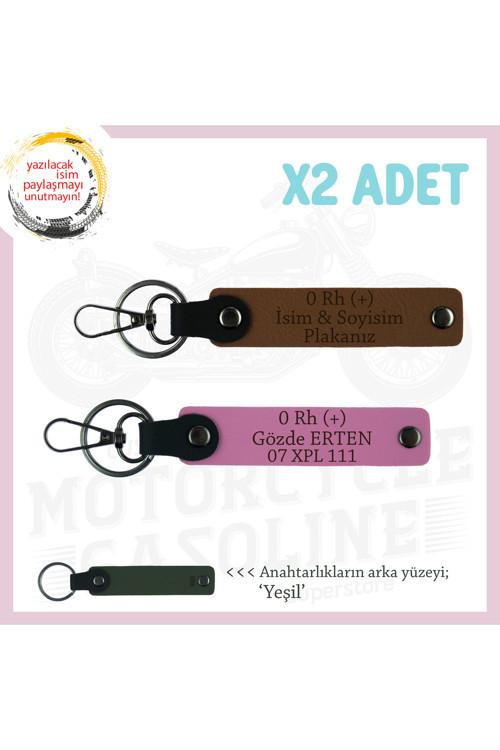 Motosiklet Aşıkları İçin İsim Plaka Ve 0 (+) Kan Grubu Yazılı Kişisel X2 Anahtarlık, Kahve-Pembe-Ysl