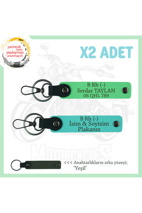 Biker Stiline Özel, İsim Plaka Ve B Rh (-) Kan Grubu Yazılı Deri X2 Anahtarlık, Turkuaz-F Yeşil-Ysl