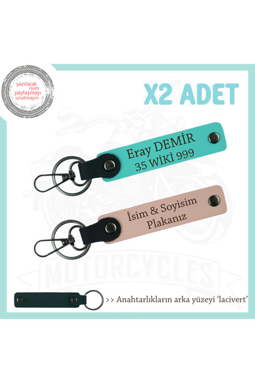 Fark Yaratan Hediye Seçeneği, 2’Li Deri Anahtarlık Kişisel Plaka & İsim Yazı, Yavruağzı-Turkuaz-Laci