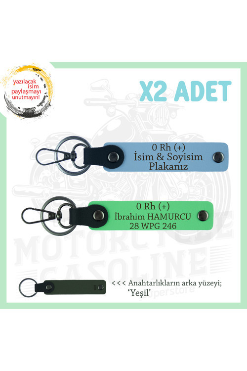Biker Dostlarına, İsim Plaka Ve 0 Rh (+) Kan Grubu Yazılı, Motor X2' Li Anahtarlık, Mavi-F Yeşil-Ysl