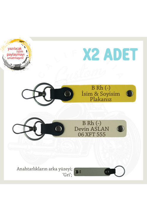 Yol Arkadaşlarına Özel İsim Plaka, B Rh (-) Kan Grubu Yazılı Kişisel X2 Anahtarlık, Sarı-S Kahve-Gr