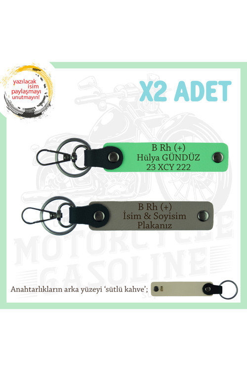 Motorcu Dostlara, İsim Plaka Ve B + Kan Grubu Yazılı Güvenli Sürüş X2 Anahtarlık, Kül Gri-F Yeşil-Sk