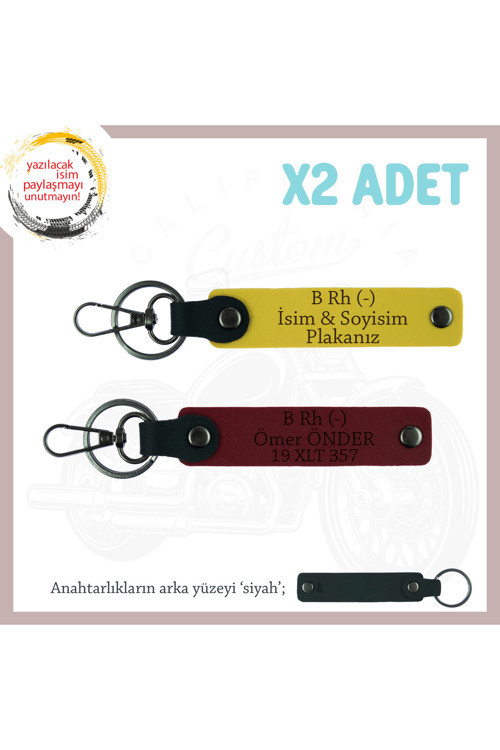 Motor Tutkunlarına İsim Plaka Ve B Rh (-) Kan Grubu Yazılı Özel Üretim X2 Anahtarlık, Sarı-Bordo-Syh