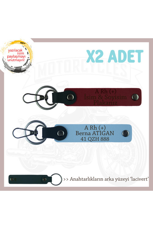 Motor Severlere Özel, İsim Plaka Ve A + Kan Grubu Yazılı Kişiye Özel X2 Anahtarlık, Mavi-Bordo-Laci