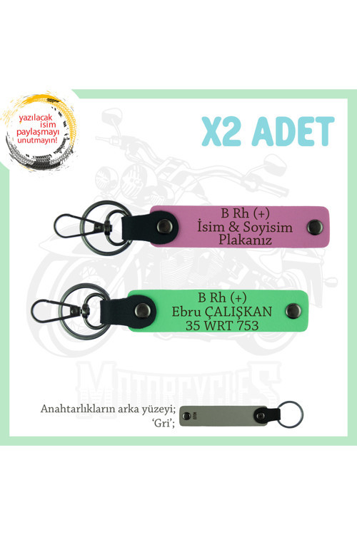 Hız Tutkunlarına Özel, İsim Plaka Ve B Rh (+) Kan Grubu Yazılı Deri X2 Anahtarlık, Pembe-F Yeşil-Gr