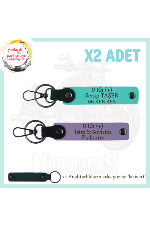 Motosiklet Aşıkları, İsim Plaka Ve 0 Rh (+) Kan Grubu Acil Durum X2' Li Anahtarlık, Mor-Turkuaz-Laci